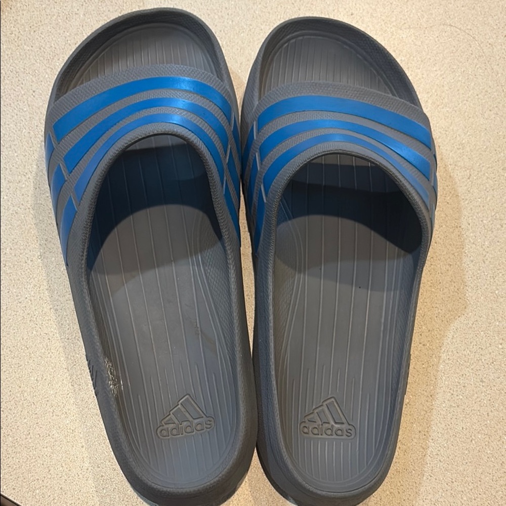 Adidas Blue and Gray Slide Sandals